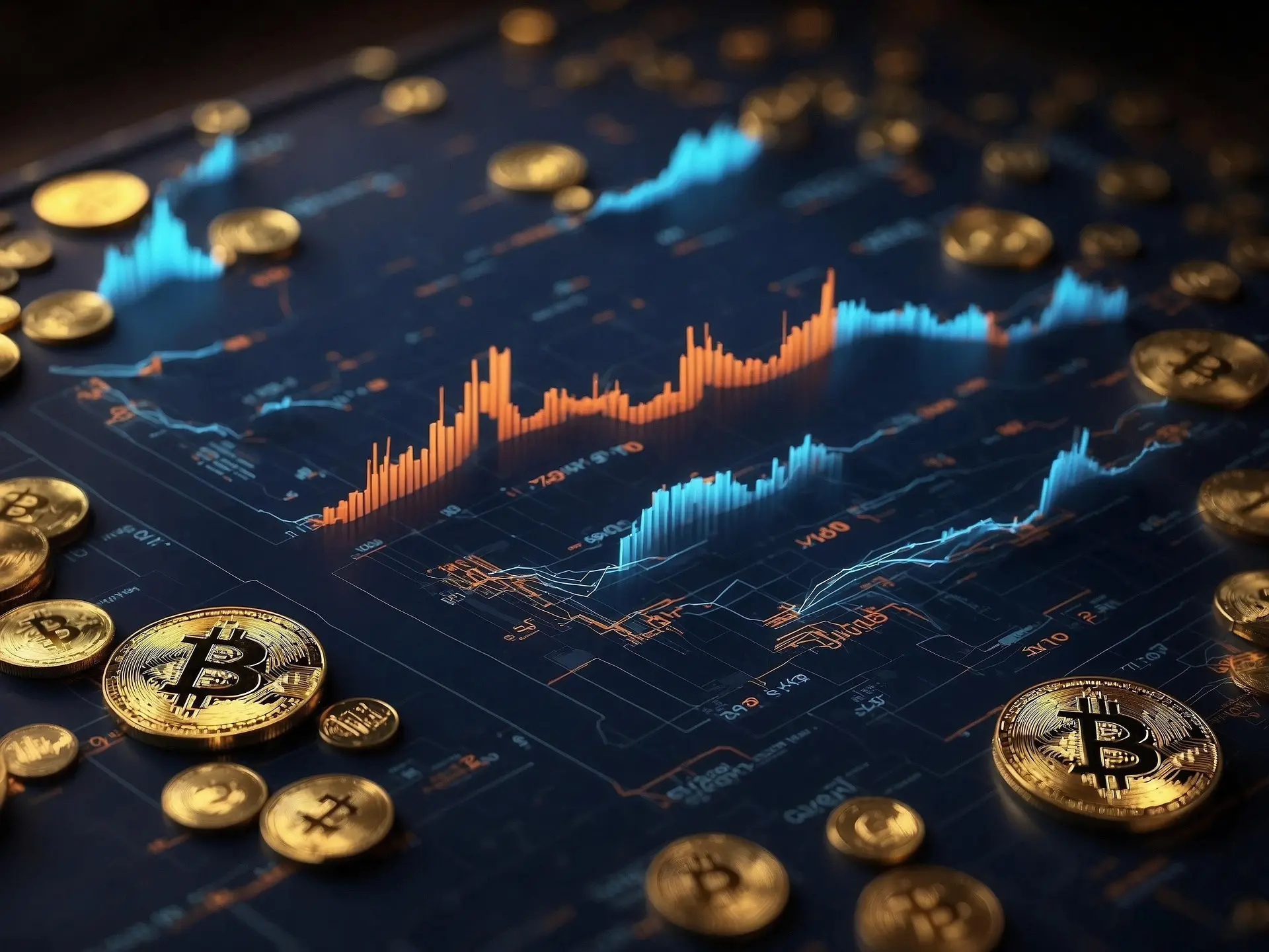 Digital market chart display with rising and falling bars, surrounded by physical bitcoin tokens