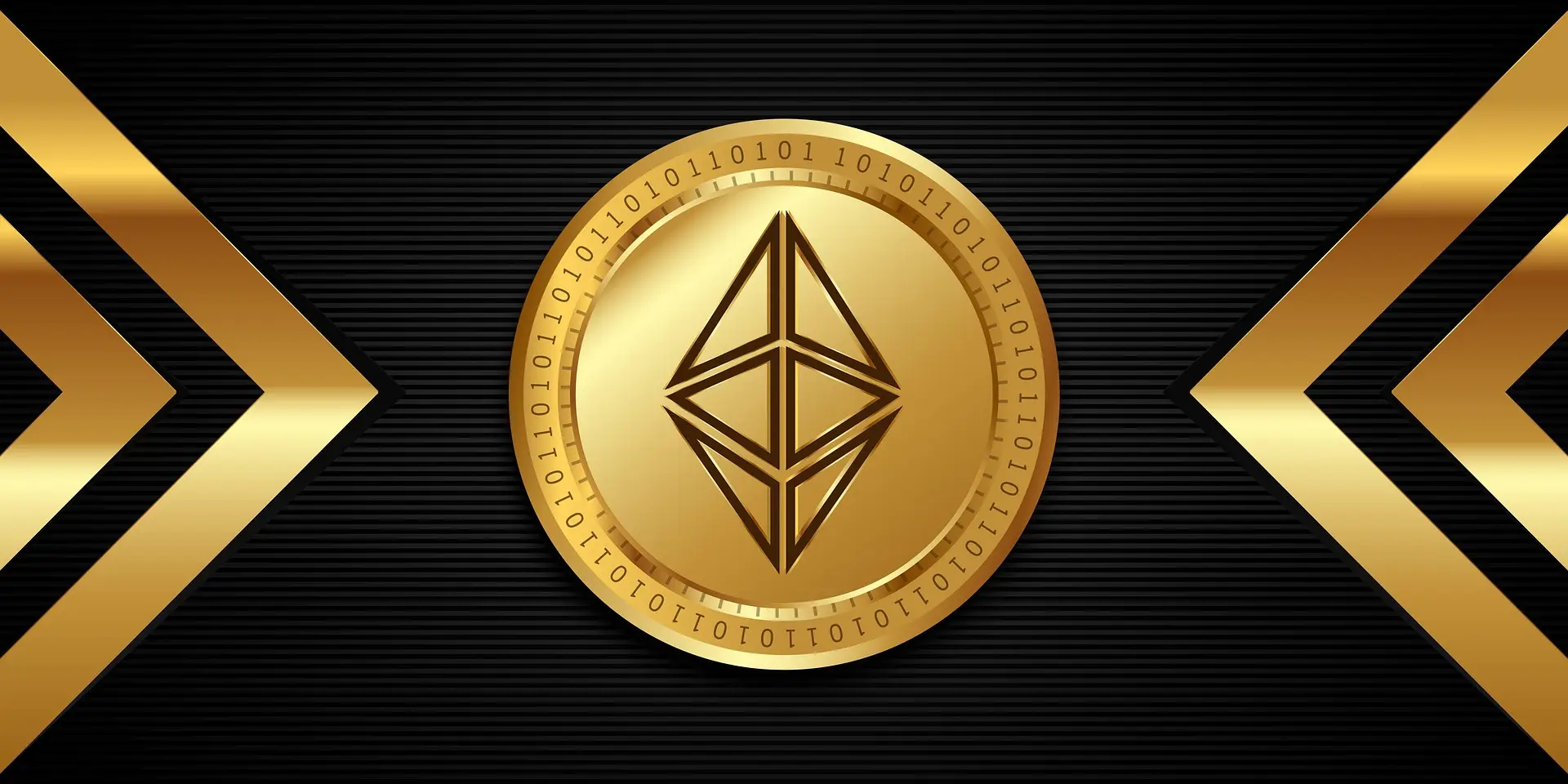 A stylised gold ether coin against a black background with angular gold chevrons