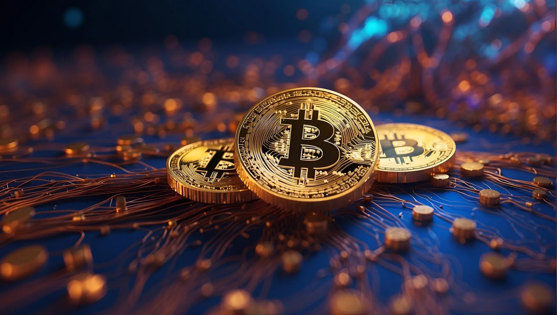 Gold-coloured bitcoin tokens on a dark circuit board