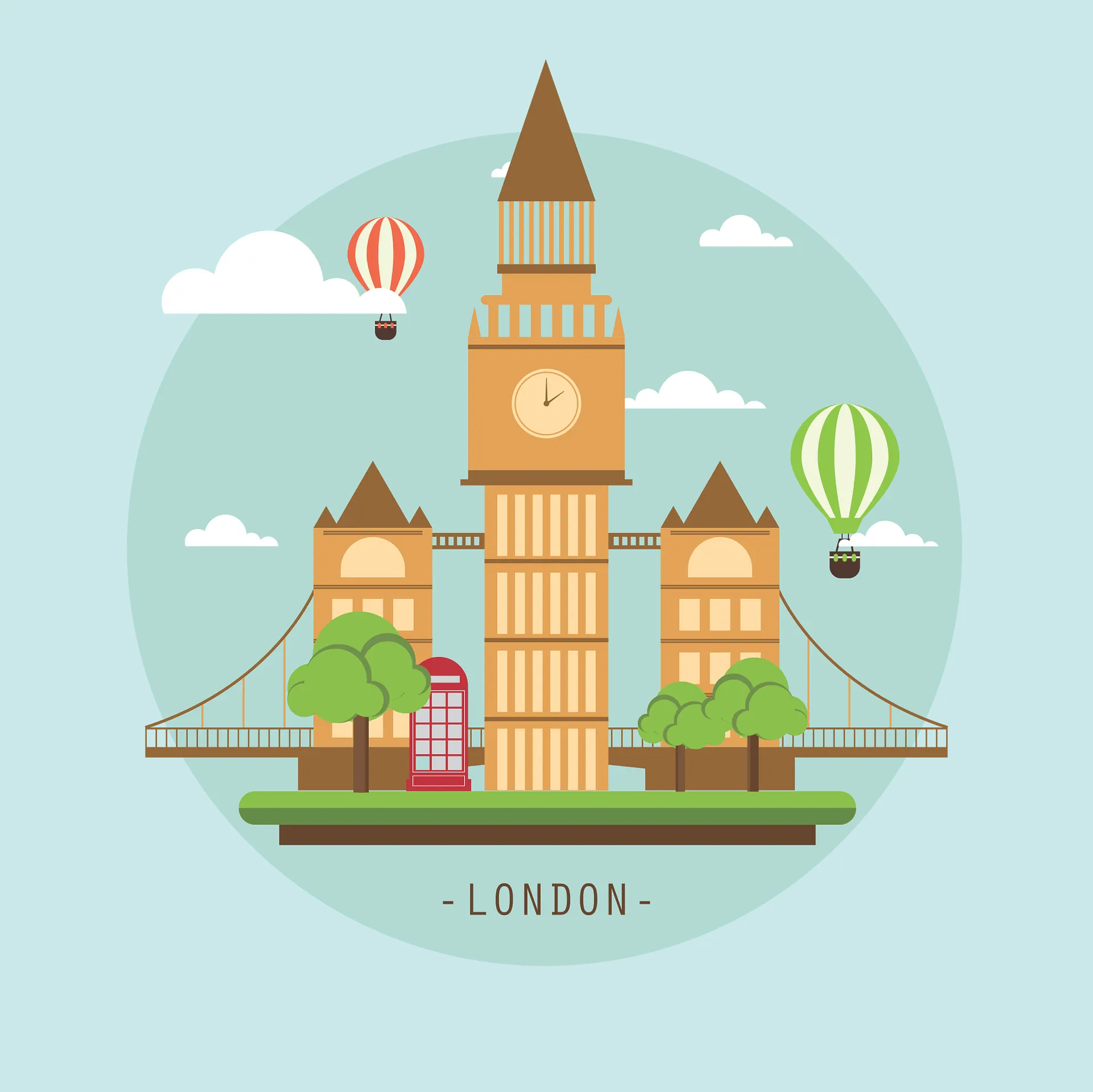 Flat illustration of London landmarks: Big Ben, Tower Bridge, a red telephone box